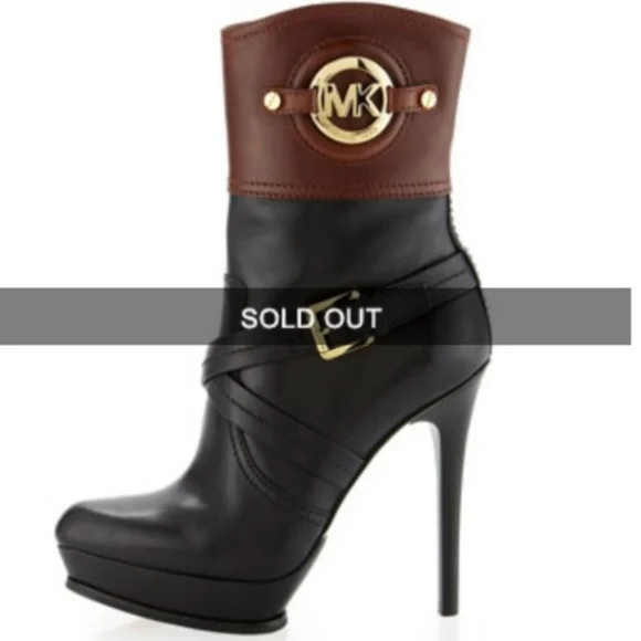 *Michael Kors Stockard Bootie Dark Brown/Black 5" Heel Sz 10M Gold Side Zipper - Picture 2 of 14